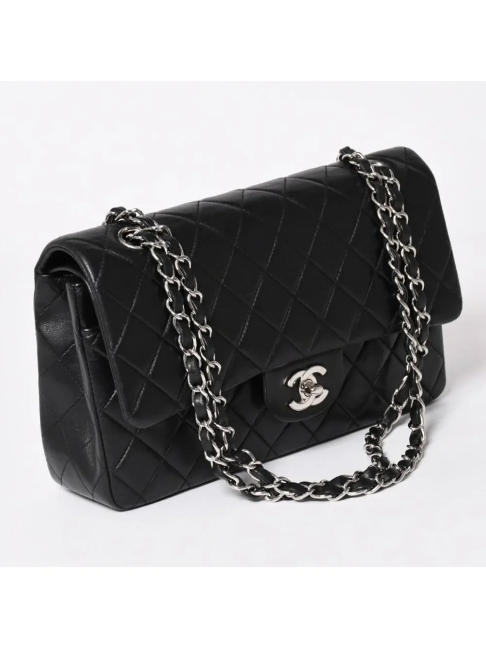 Chanel Quilted 25 Double Flap Chain Shoulder Bag Lambskin CC Logo Black Silver